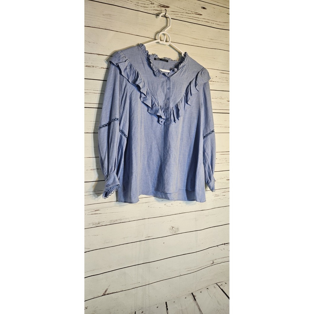 Zara Long Sleeve Ruffled 3/4 Vneck Button Blouse Top Blue Sz M - Picture 2 of 8